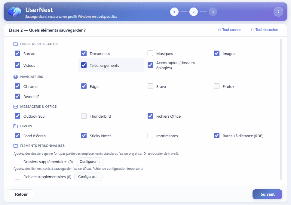 UserNest étape 2 sauvegarde - checklist