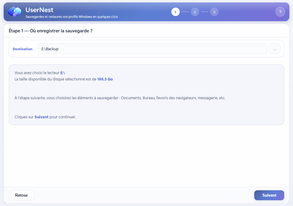 UserNest étape 1 sauvegarde - sélection des éléments