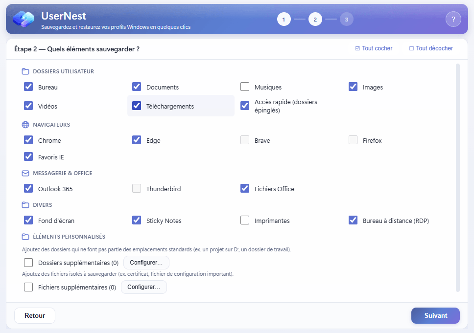 UserNest étape 2 sauvegarde - checklist
