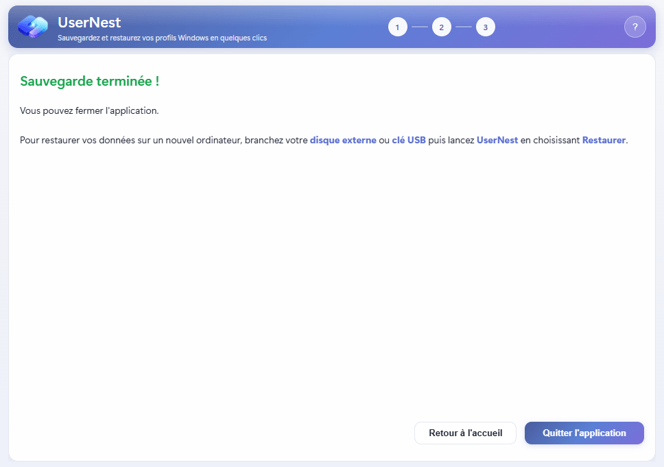 UserNest sauvegarde terminée
